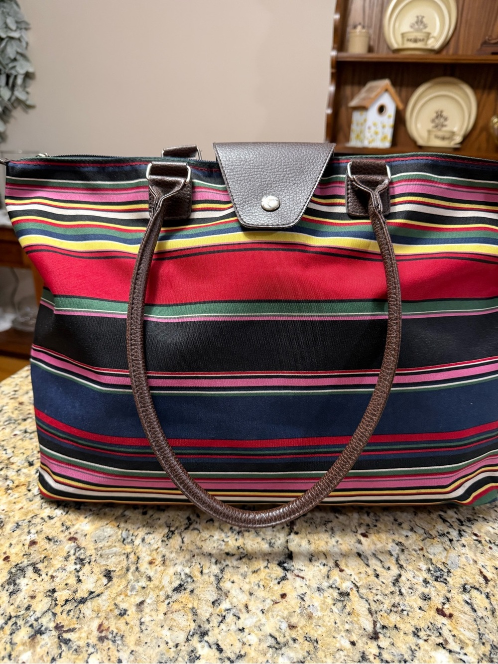 Striped Multicolor Tote with Brown Handles